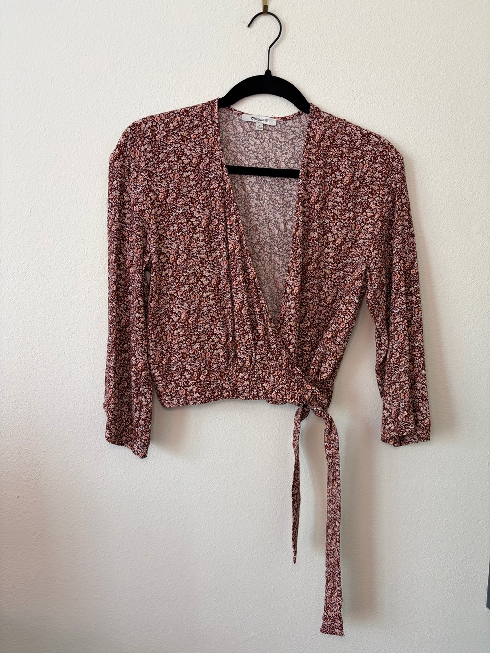 Madewell Floral Wrap Top Long Sleeve Tie Waist S Brown Pink